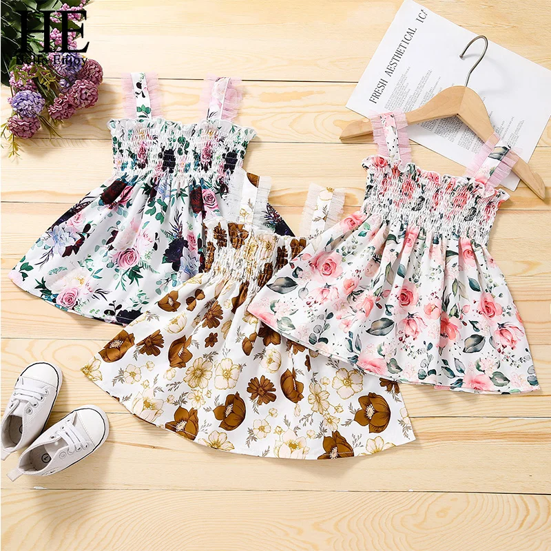 

HE Hello Enjoy 2021 New Girls Baby Print Sling Stitching Floral Mesh Dress Children's Wear