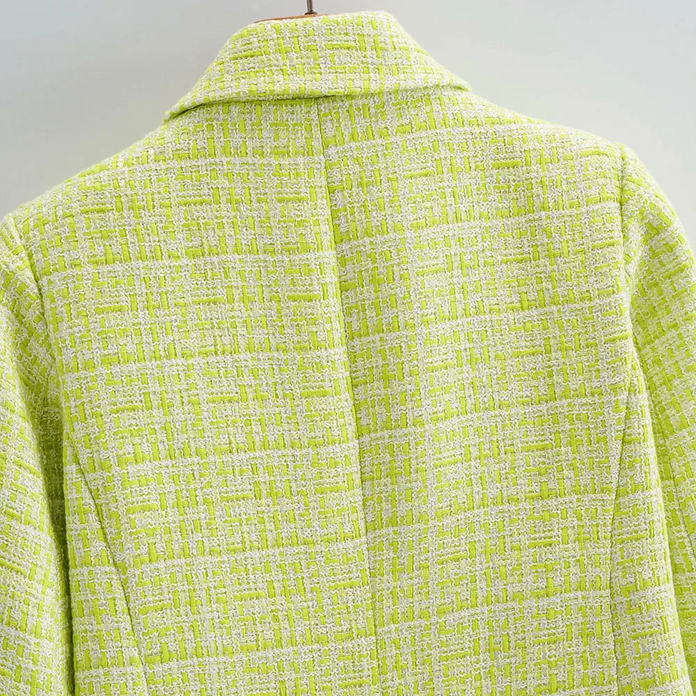 

2021 Za New Women Fashion Double Breasted Tweed Check Blazer Coat Vintage Long Sleeve Pockets Female Outerwear Chic Veste