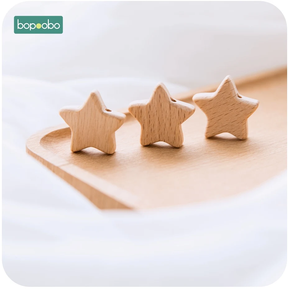 Bopoobo-Cuentas de madera de haya para dentici&oacute;n, mordedor masticable con forma de estrella, sin BPA, manualidades para beb&eacute;s, 10 unidades-3