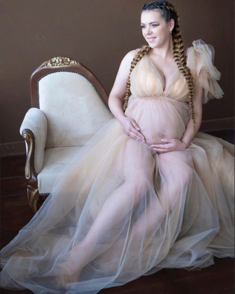 

Elegant Tulle Maternity Dresses For Babyshower Illusion V Neck Puffy Sleeves Nightgown Photography Pregnancy Women Dresses