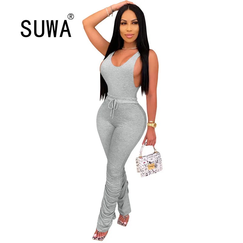

Solid color women two piece matching sets deep v neck vest crop top + high waist stacked legging sweat pants sexy club outfits