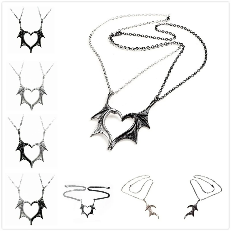 

2Pcs Vinatge Bat Wing Heart Couples Pendant Necklace Set Lovers Fashion Jewerly LX9E