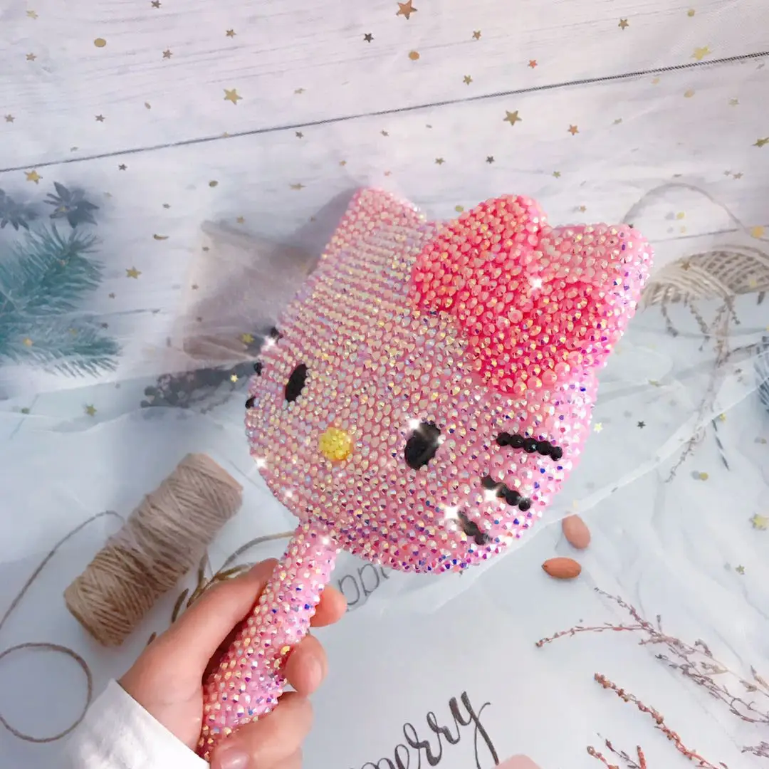 

Sparkling Hand Mirrors with Handle Diamond Portable Shiny Decorative Mirror Pink Kitty Cat Bling Kawaii Makeup Mirror Home Decor