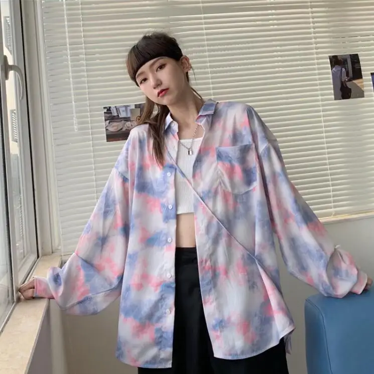 

Autumn new style Korean Harajuku bf wind tie-dye printing loose casual long-sleeved shirt