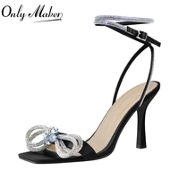 onlymaker summer women shiny ankle strap buckle sandals square peep toe transparent pvc crystal butterfly knot thin high heels