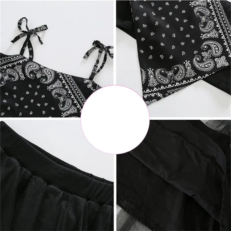 

Vintage Teenage Girls Clothing Set Summer Retro Tank Top+Asymmetrical Skirt Black New Fashion 2PCS Children Performance Costumes