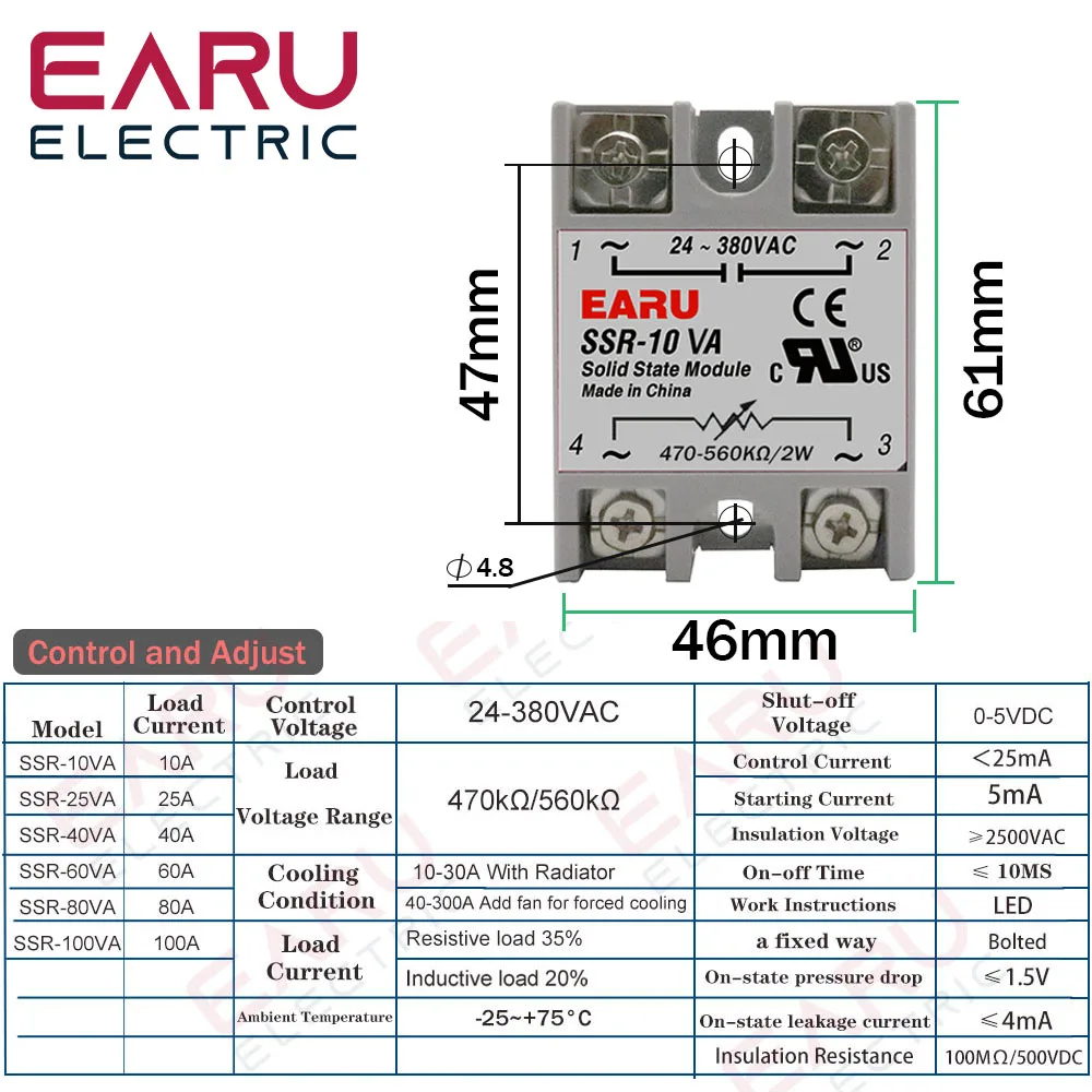 SSR-10VA SSR-25VA SSR-40VA SSR Solid State Relay Voltage Regulator AC24-380V Output+Potentiometer for PID Temperature Controller |