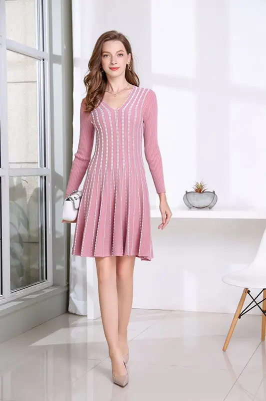 

Black High Quality Pink Sweater Dress 2021 Autumn Winter Pullover Dress Women Color Block Knitting Long Sleeve Casual Dress