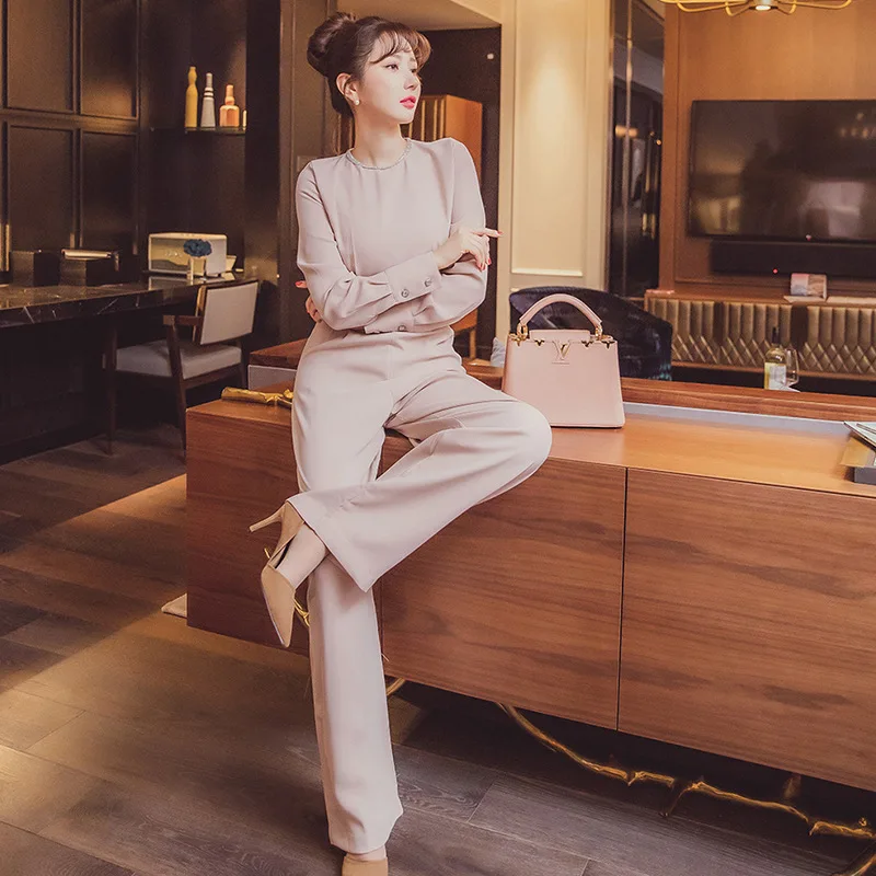 

Spring Autumn OL Jumpsuit Elegant Round Neck Inlaid Rhinestone High Waist Slim Wide Leg Trousers Jumpsuit For Women