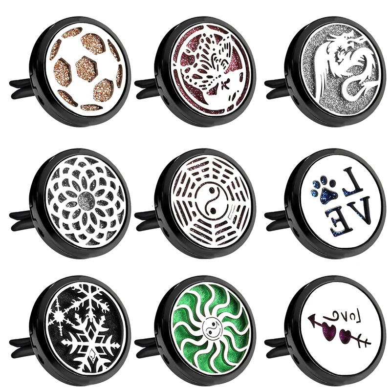 Bright Black Flower Style Aromatherapy Car Air Freshener Clip Stainless Steel Car Essential Oil Diffuser Locket Perfume Necklace