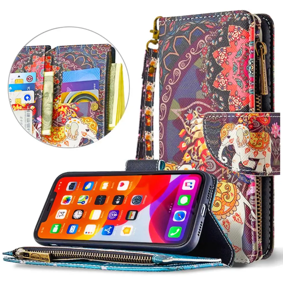 

For Samsung Galaxy A12 A52 A42 A02 A22 5G A71 A51 A41 A72 A02s Painted Pattern Case Zipper Wallet Bag Card Holder Phone Cover