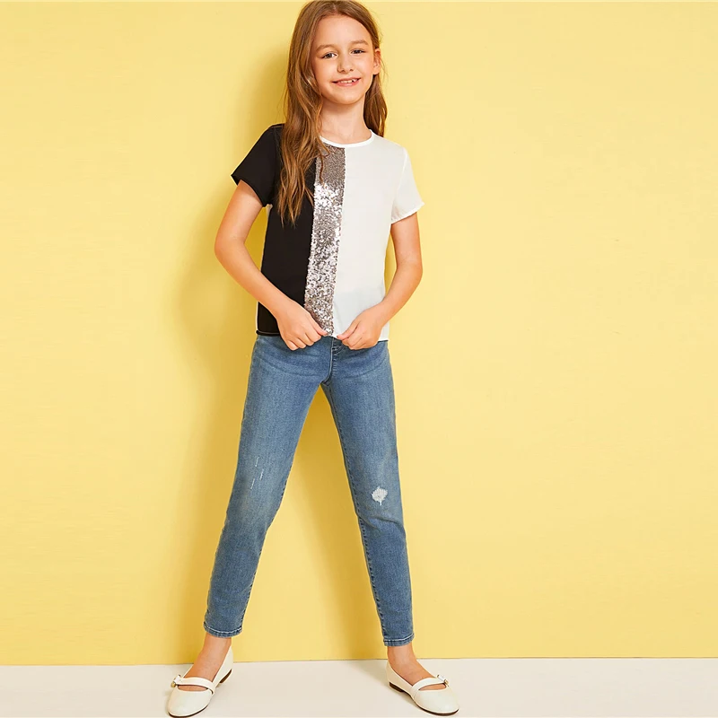 SHEIN Kiddie/Милая однотонная блузка с воротником-стойкой и оборкой для девочек детская одежда г., летний рукав-волан, топы с оборками на пуговицах сзади
