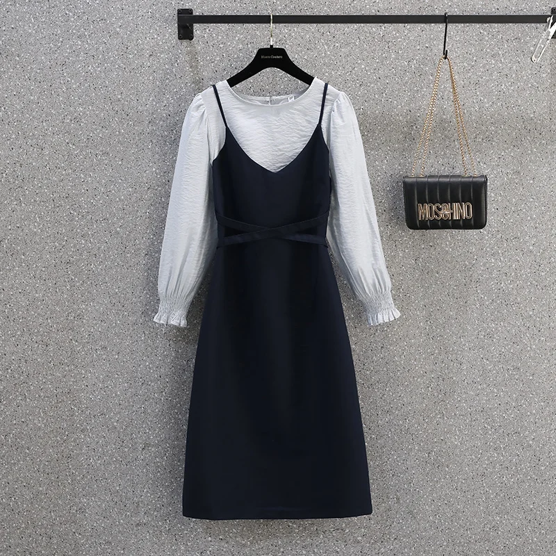 

Plus Size Dress Autumn Winter Fashion o Neck Dress Elegant Office Patchwork Vintage Flare Sleeve Long Sleeve a Line Dresses Big