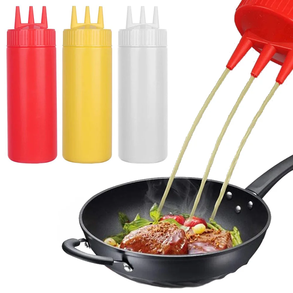 

3 Holes Squeeze Bottle Squeeze Bottle Food Grade Plastic Ketchup Mustard Mayo Sauces Bottle Olive Oil Bottles Kitchen Gadgets