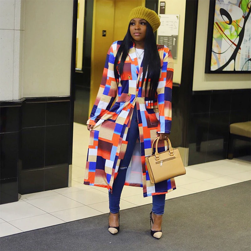 

Plus Size Windbreaker Fall 2021 Womens Fashion Plaid Printed Double Breasted Lapel Long Coat Without Belt Women Street Hipster