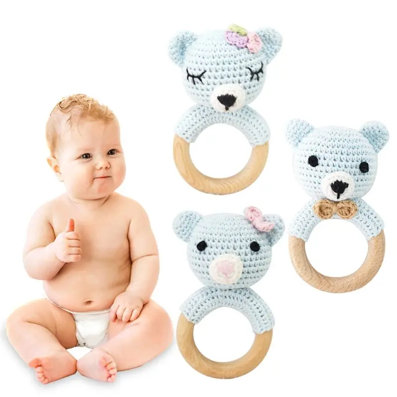 

Baby Wooden Teether Ring DIY Crochet Bear Rattle Soother Bracelet Infant Molar