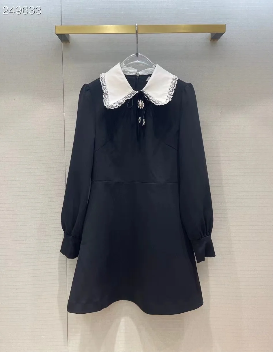 

Fashion Runway Autumn Long Sleeve Mini Dress Women Lace Collar Diamonds Black Elegant Party Holiday Dress