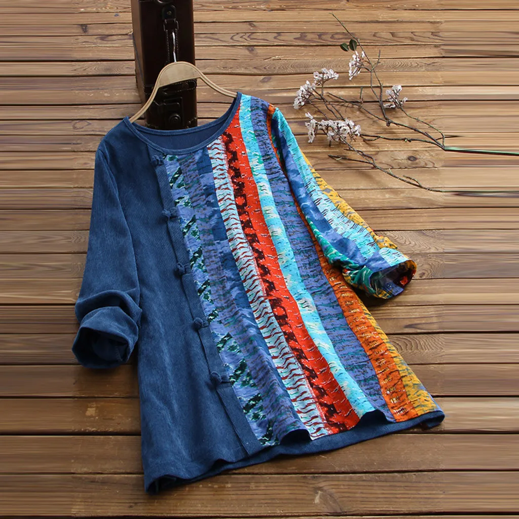 Женская Вельветовая блузка с длинным рукавом и круглым вырезом Повседневная