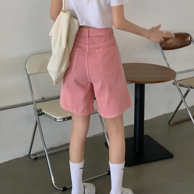 Популярные летние женские джинсовые шорты с завышенной талией розовые для