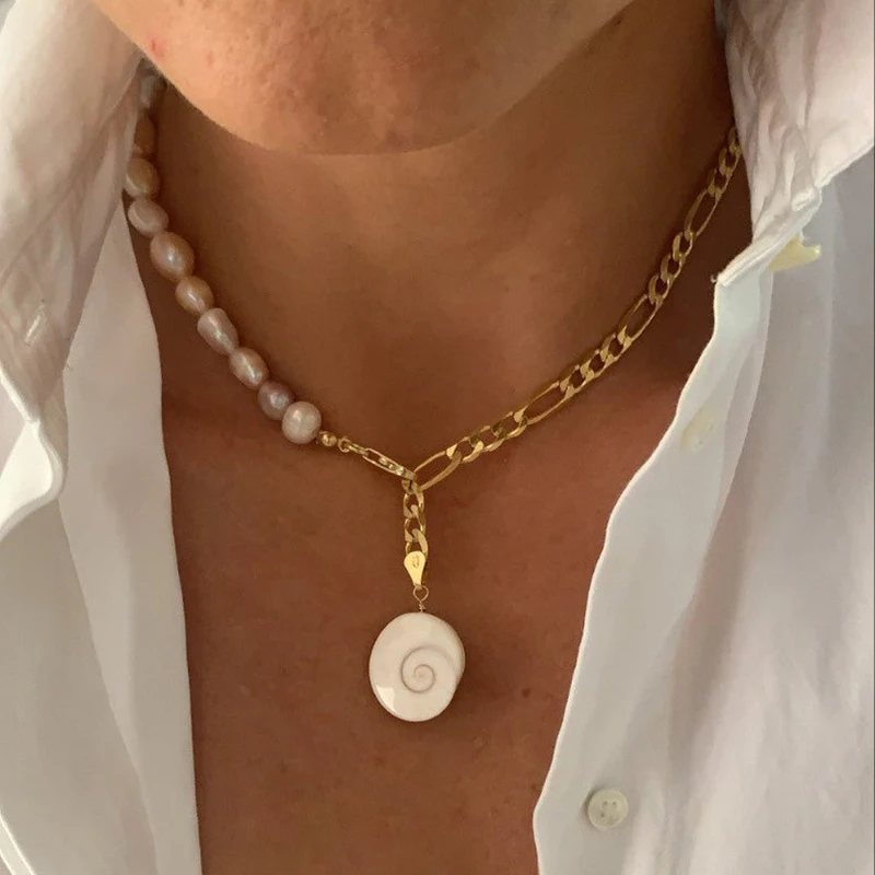 

Classic Fashion Lady Jewelry Natural Pink Pearl Necklace Shell Pendant Color Preserving Stainless Steel Chain Beauty Accessories