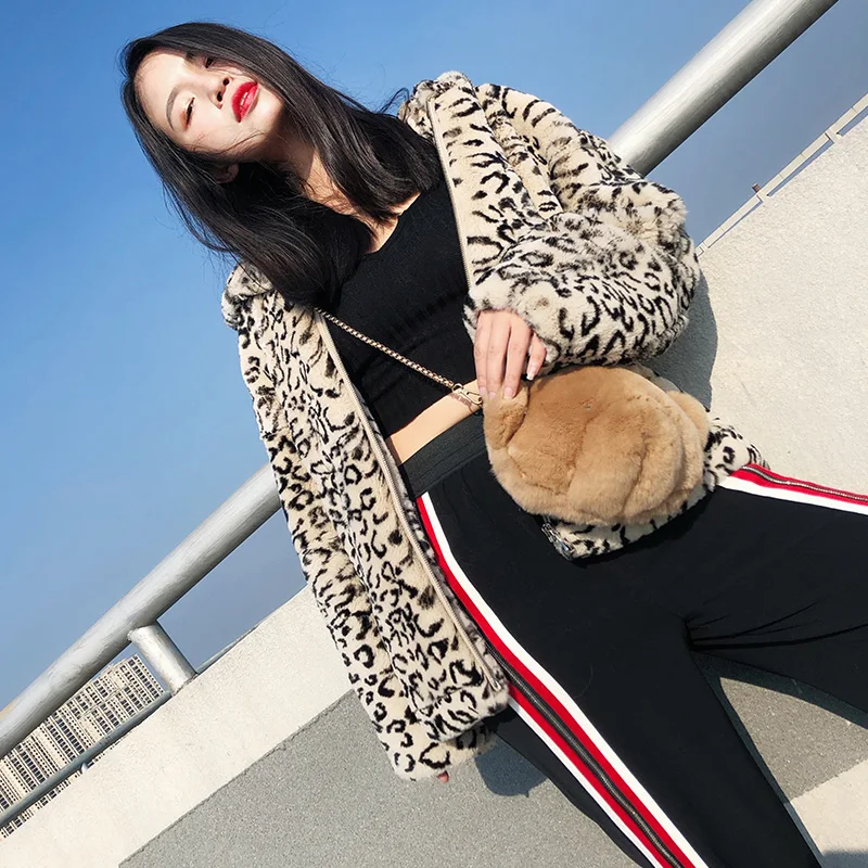 Пальто женское с капюшоном леопардовое Осень-Зима куртка мехом кролика Рекс Zjt1573