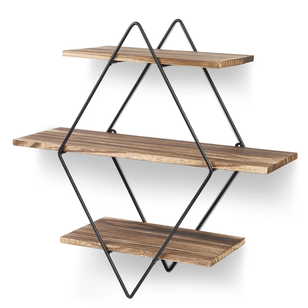 

Rustic Wood Wall Shelves Hanging Geometric Vintage Style Floating Metal Wall Mounted Shelves For Living Room Bedroom Decoration