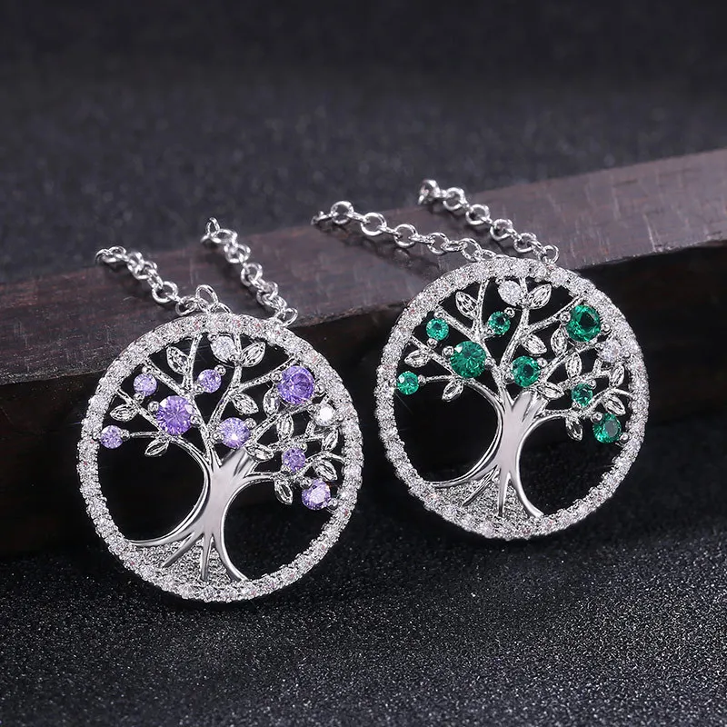 

2022 Brand New Tree of Life Zircon Round Pendant Necklace Women Jewelry Purple Green Crystal Vintage Charm Necklaces Gift