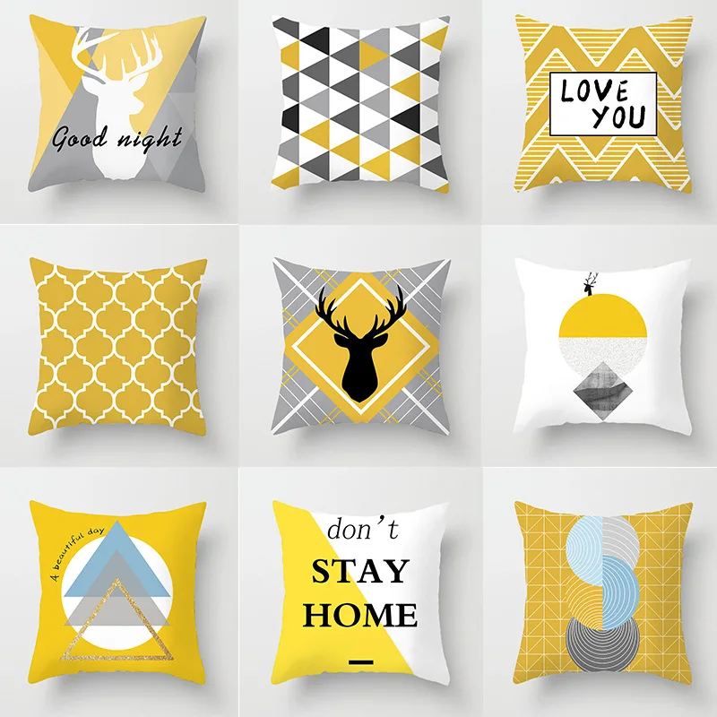 

45x45cm Nordic Minimalist Yellow Geometric Hug Pillowcase Home Sofa Cushion Cover Elk Bucks Pillow Cases Polyester Fabric