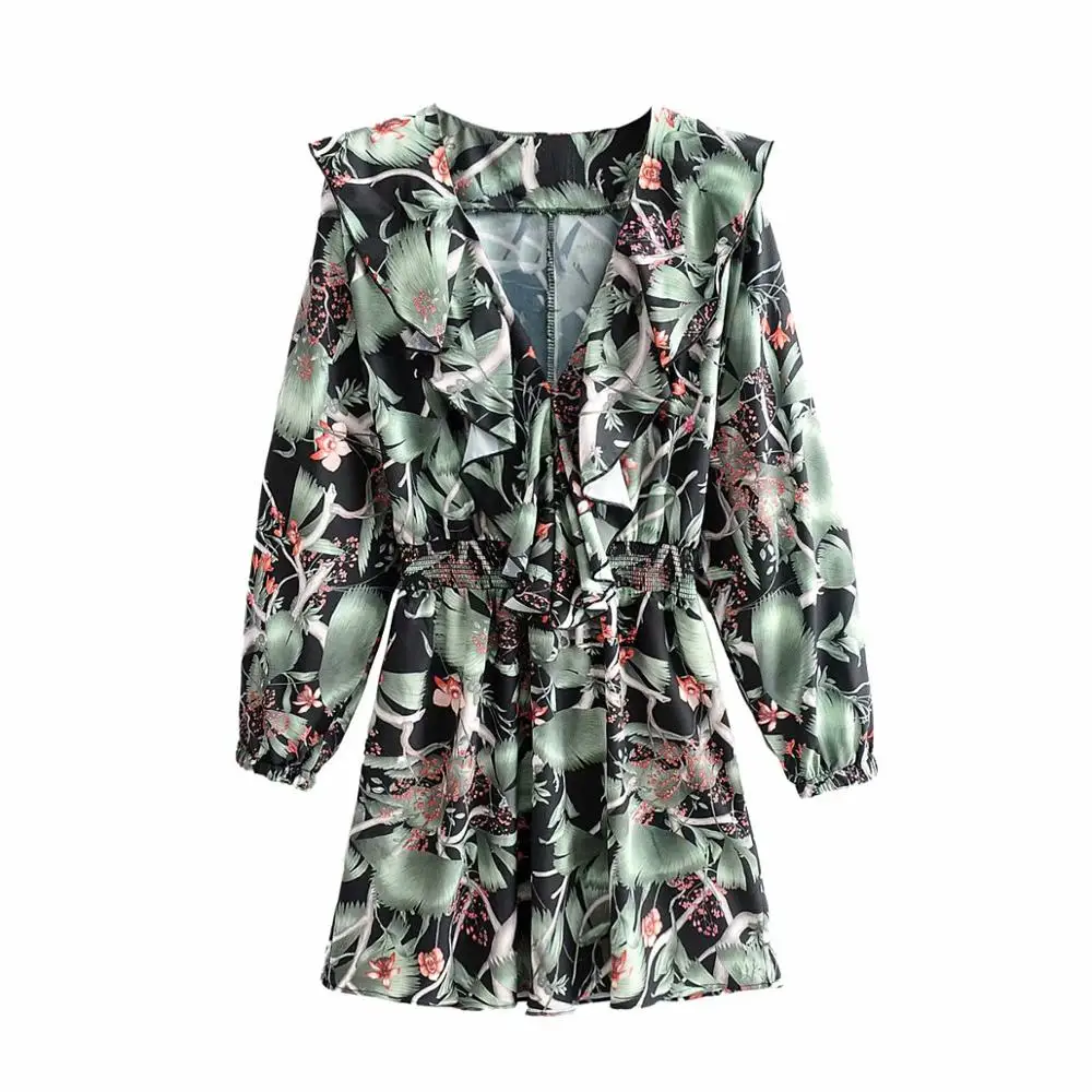 ZA Новое весеннее женское зеленое платье с цветочным принтом и v образным вырезом