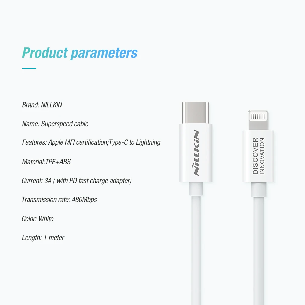 Nillkin Superspeed Usb кабель type-C для освещения 3A для iPhone X Xr Xs Max Быстрая зарядка с зарядным устройством type C PD для iPad Pro 10,5