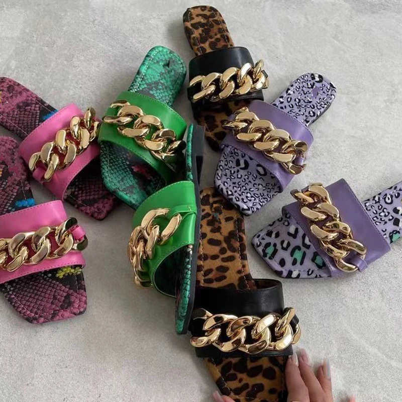 

Summer Sandals Slippers Metal Decorative Square Head Flat Heel Outdoor Beach Comfortable Leopard Slides Female Plus Size 2021
