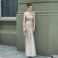 mermaid one shoulder sequined white evening gown backless gold elegant appliques formal prom burgundy dress for women party