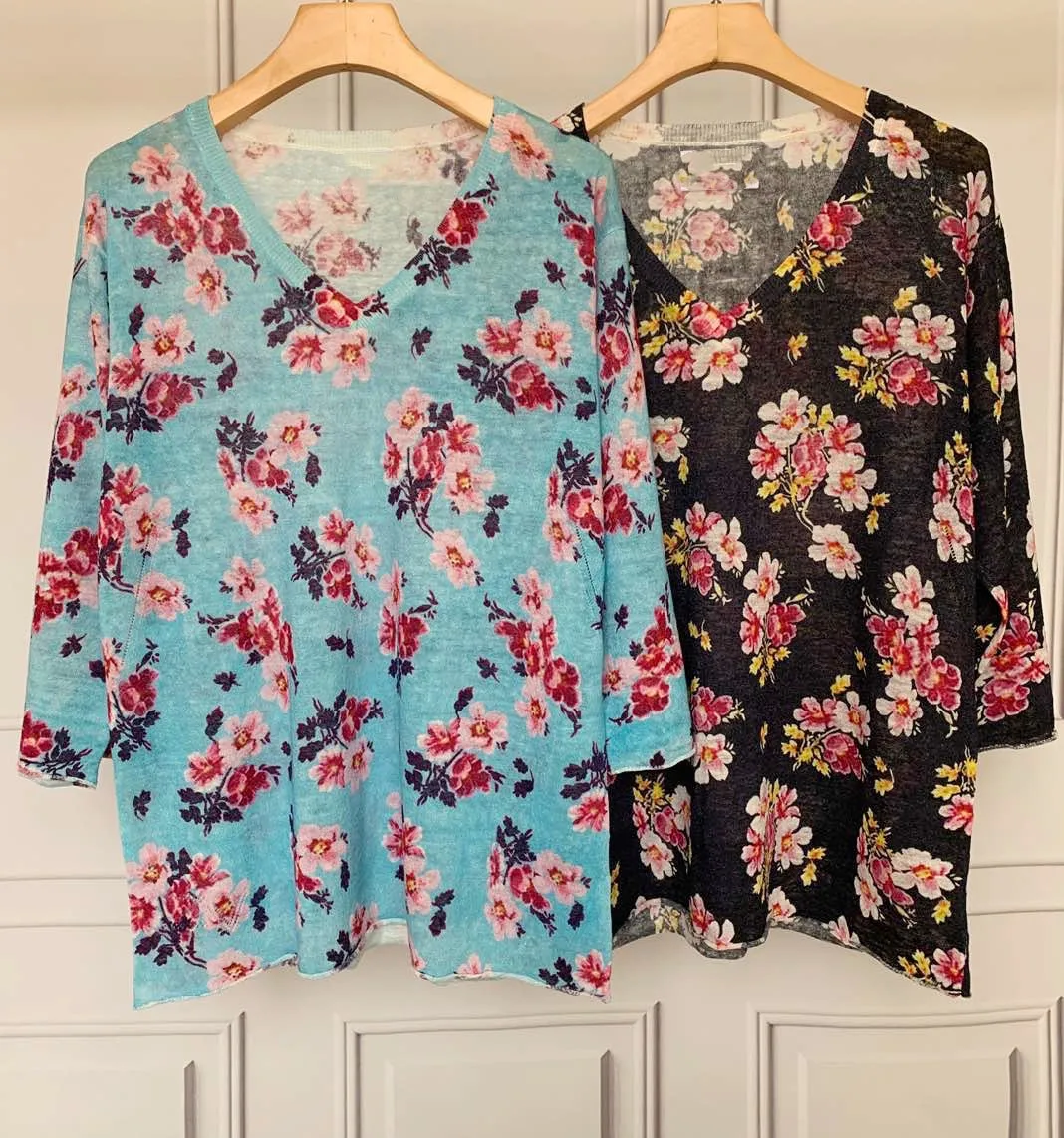 

Floral Printed Women 100% Linen Sweater Three Quarter Sleeve V-neck Thin Ladies 2021 Spring Summer New Jumper Top