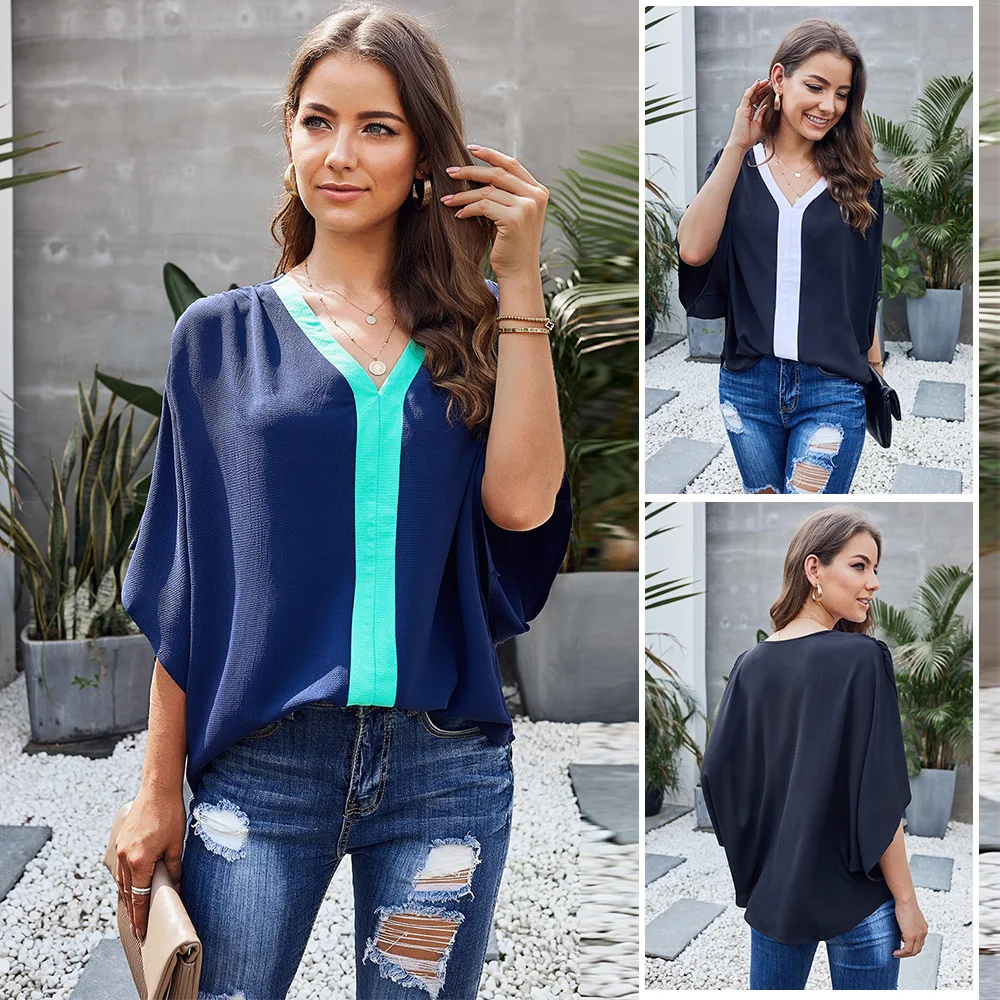 2020 Новая модная рубашка контрастного цвета с v-образным вырезом Свободный