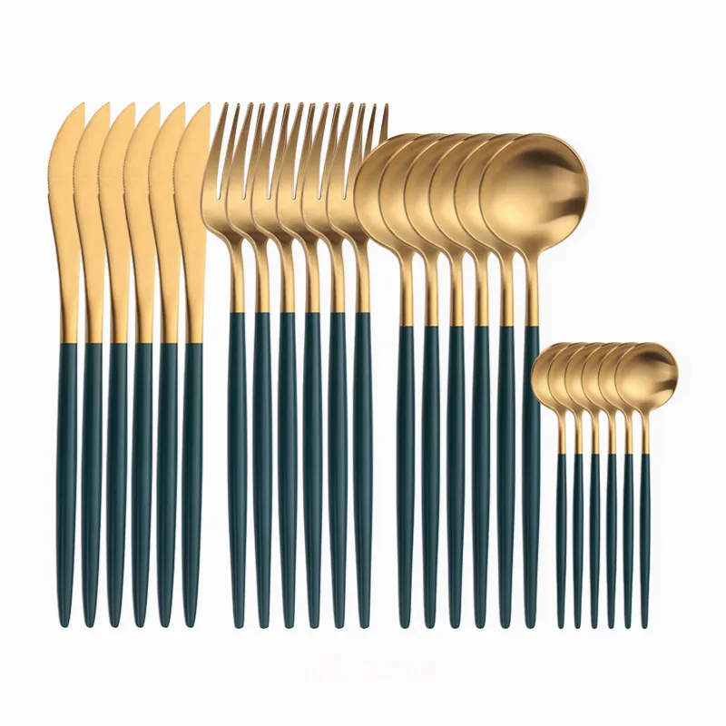 

Kitchen Tableware Stainless Steel Cutlery Complete Fork Spoons Knives Set Cutlery 24 Pieces Green Gold Cutlery Dropshipping