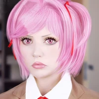 game ddlc doki doki literature club natsuki pink short wig heat resistant synthetic hair cosplay wigs free wig cap