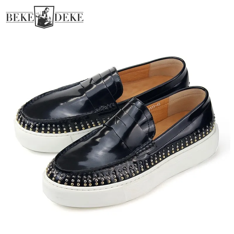 

Runway Mens Luxury Cowhide Genuine Leather Shoes Thick Platform Rivets Studded Slip On Loafers Fashion Casual Skateboard Shoes