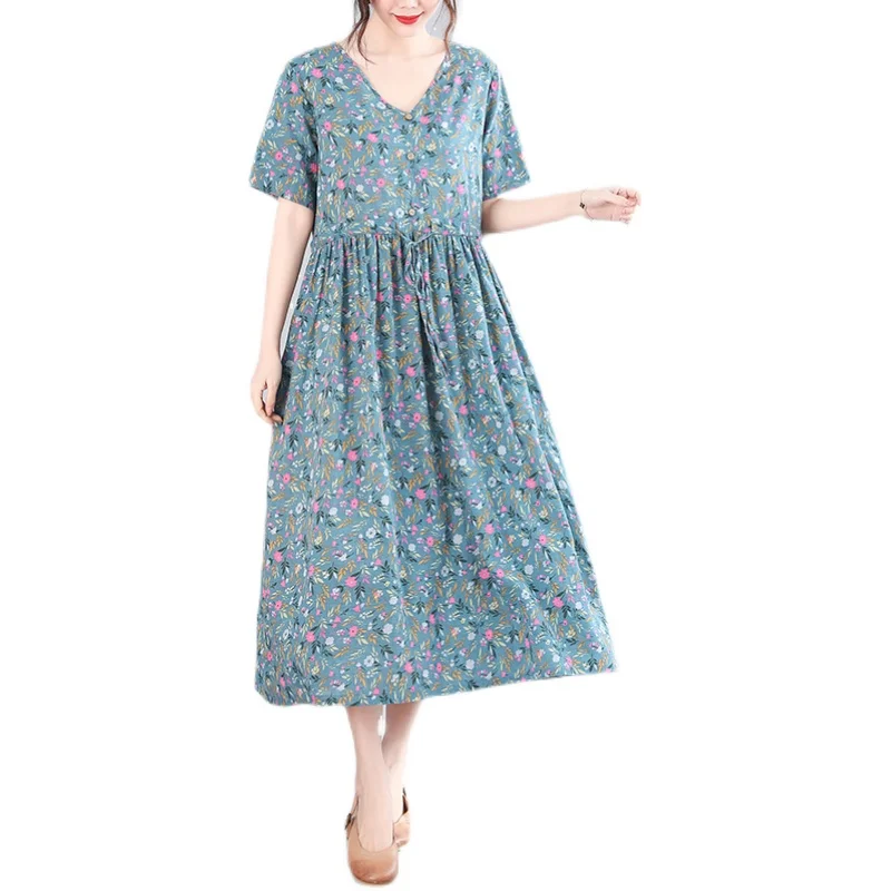 

COIGARSAM Vintage Cotton Linen Women Long dress New Summer Print Short Sleeve Loose Dresses Pink Yellow Blue 3069