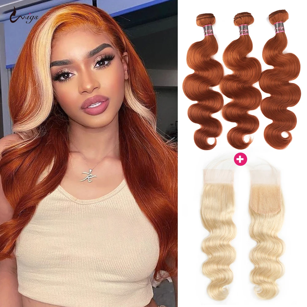 Uwigs Ginger Blonde Human Hair Bundles With Closure 613 Ginger Orange Bundles With Closure Ombre Colored Human Hair Bundles
