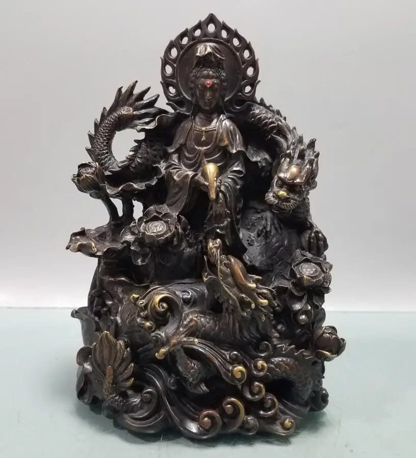 

China brass ride dragon Guanyin bodhisattva crafts statue