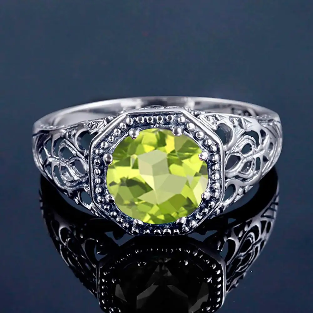 

Real 925 Sterling Silver Ring Gemstones Peridot Rings Round Vintage Handmade Design Unique Party Women Fine Jewelry Christmas