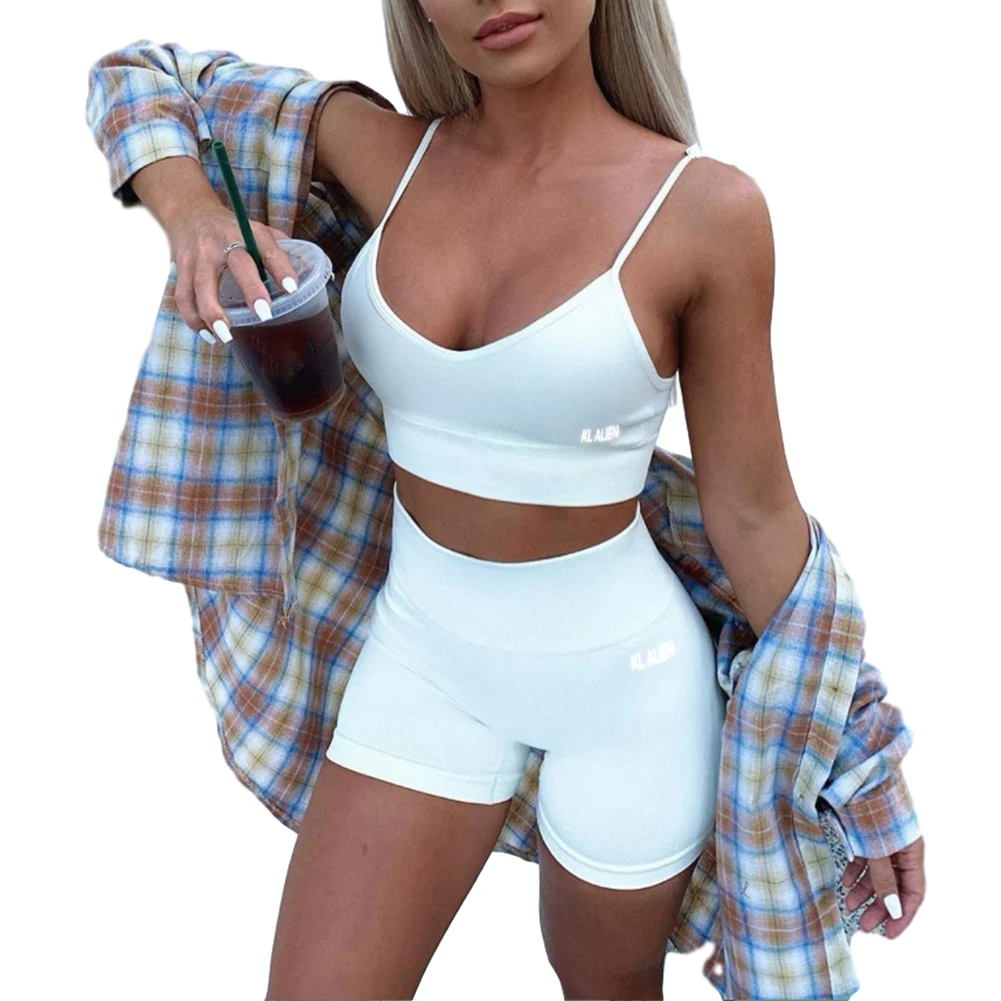 

Hirigin светоотражающий хлопковый комплект из 2 предметов с буквенным принтом, женские байкерские шорты с v-образным вырезом, укороченный топ б...