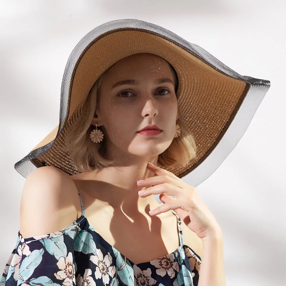 

Vintage Sun Hats for Women Girls 17CM Wide Brim Floppy Straw Hat Large Summer Bohemia Beach Sunhat Cap Ribbon Chapeau Black Lace