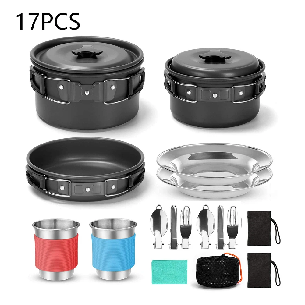 

Camping Pot Barbecue Cookware Portable Picnic Stove Set for Backpacking Hiking Outdoor Cooking Non-stick Bowls black 17PCS