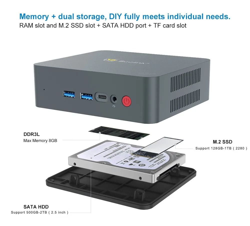 Мини-компьютер Beelink U55 Win10 Intel Core I3-5005U 2,4G+ 5,8G Dual Wifi 8GB DDR3L 256GB 512GB SSD DP+ HDMI с двойным экраном