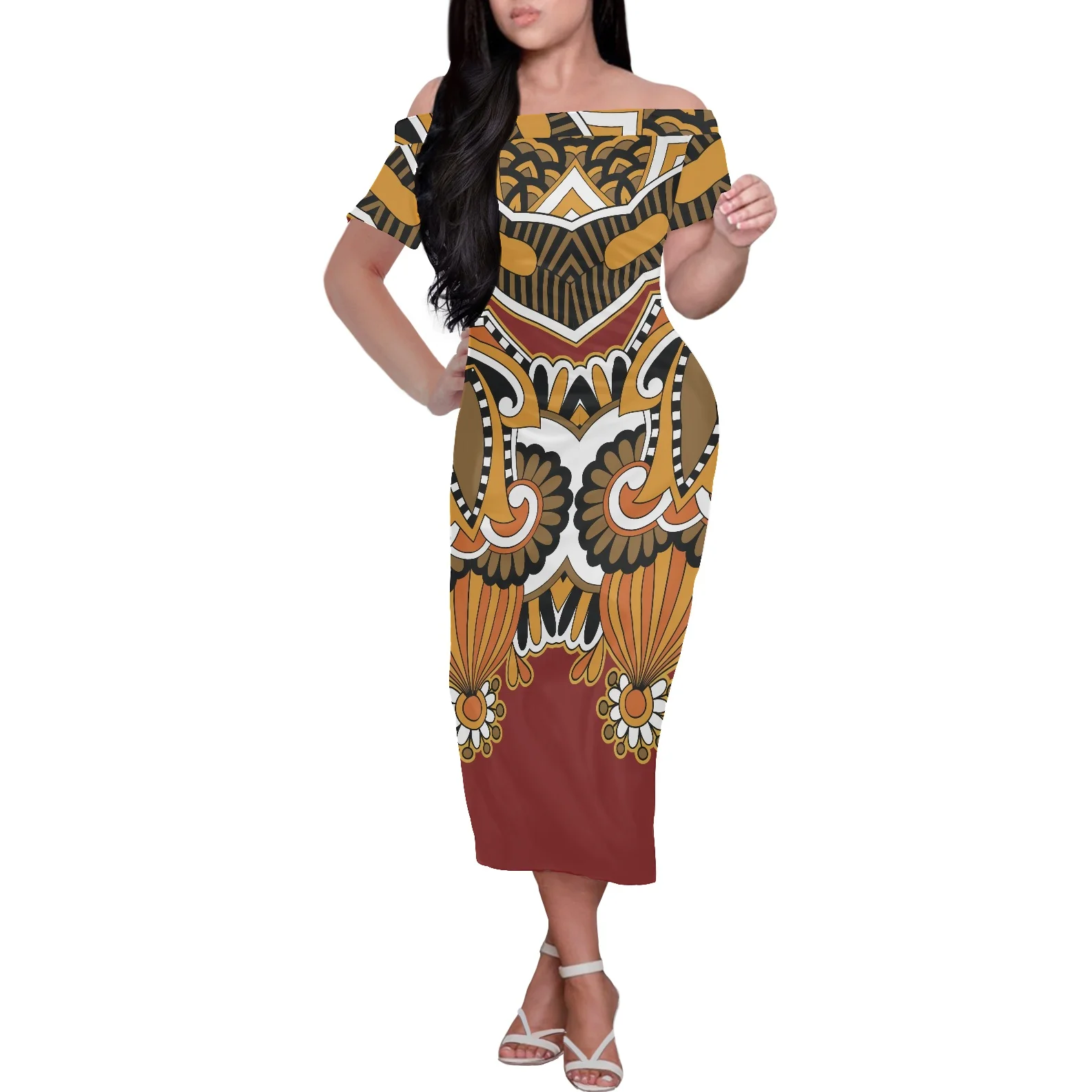 

Dashiki Clothing Bodycon African Tribal Style Printed Short Sleeved Polyester Dress Beach Party Ladies Simple Dress Off-Shoulder
