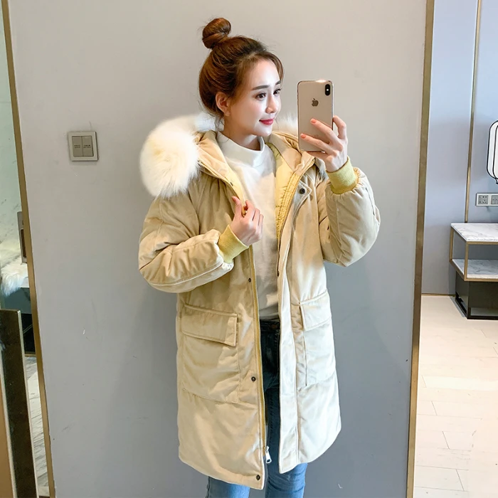 Пальто с большим меховым воротником зима 2019 Новый пуховик золотой бархат Женская