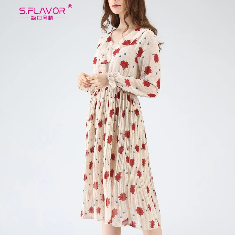 S. FLAVOR шифоновое Повседневное платье с цветочным принтом для женщин элегантное