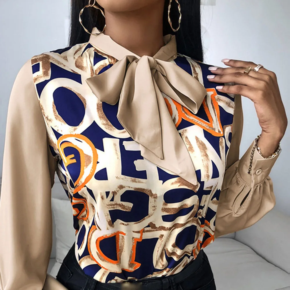 

Women Blouse Irregular Flowers Print Fashion Blouse Long Sleeve Turn-Down Collar Bow Vintage Women Shirt Tops Blousa 2021