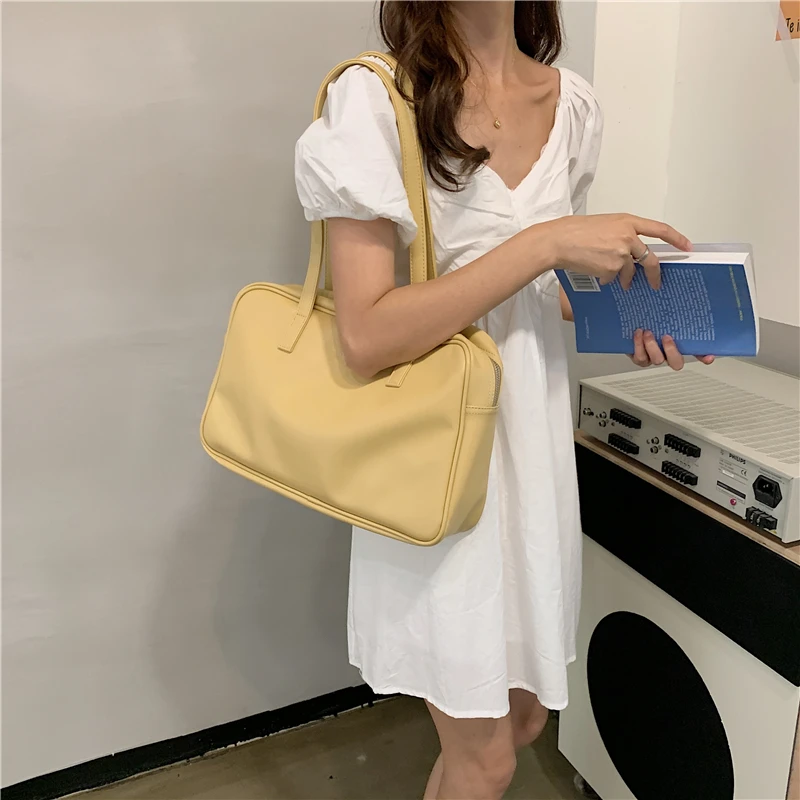Large Capacity Soild Colour Women Shoulder Bag Vintage PU Leather Girl Handbags Simple Female Causal Tote for Daily Bolso Mujer